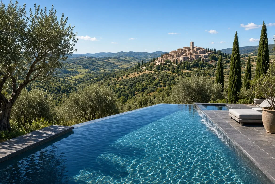 Piscina a sfioro con vista su un borgo medievale tra le colline