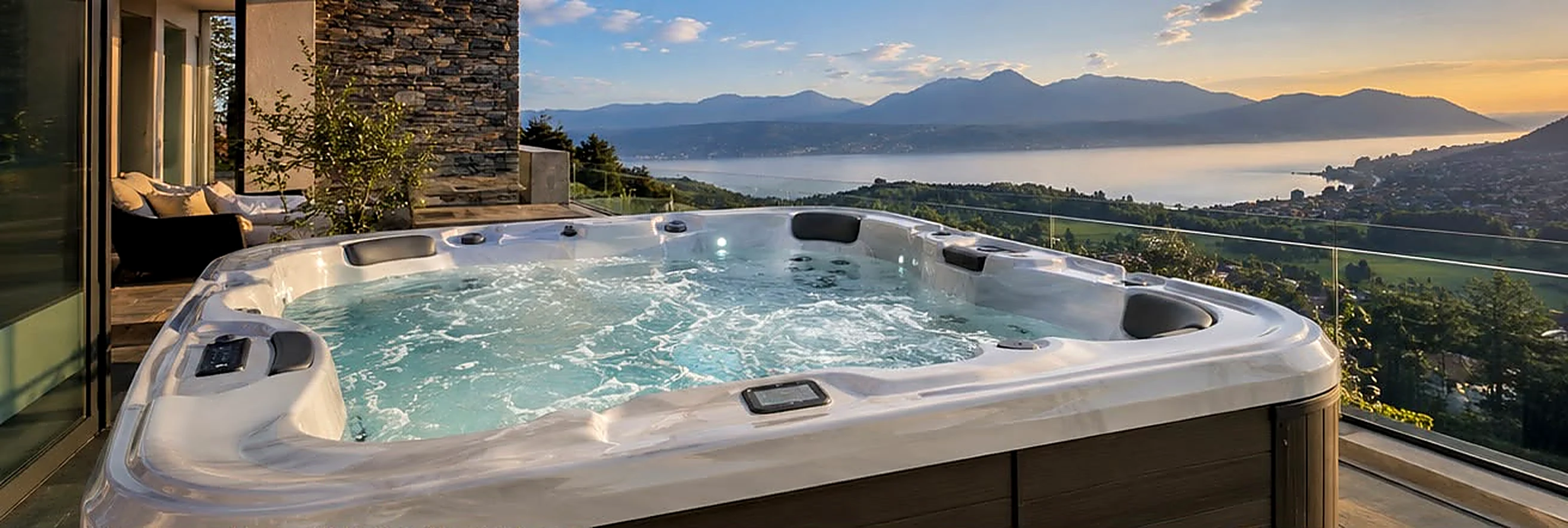 Vasca idromassaggio su una terrazza con vista sul lago al tramonto