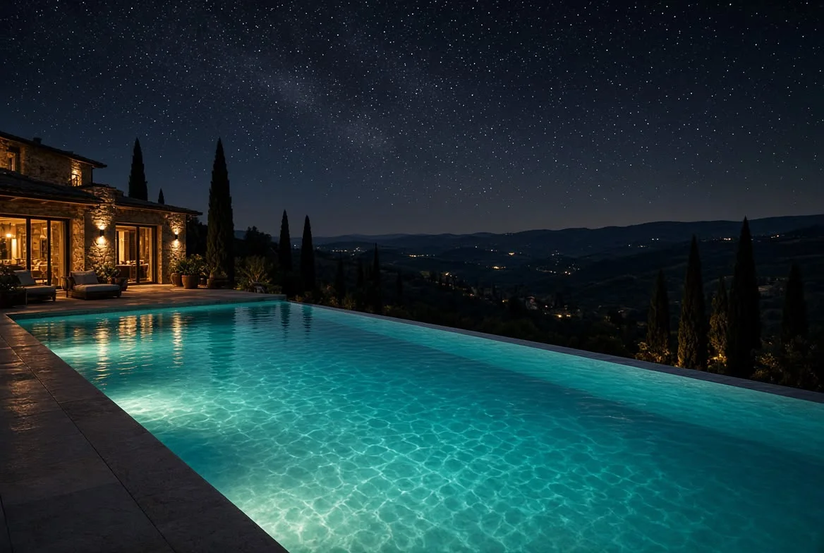 Piscina illuminata di notte con vista sulle colline